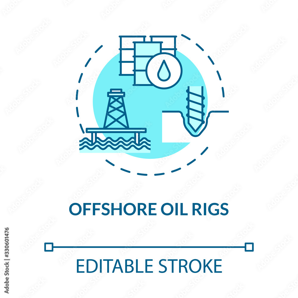 Offshore oil rigs turquoise concept icon. Industrial structure for fuel. Petroleum extraction with drill idea thin line illustration. Vector isolated outline RGB color drawing. Editable stroke Offshore oil rigs turquoise concept icon. Industrial structure for fuel. Petroleum extraction with drill idea thin line illustration. Vector isolated outline RGB color drawing. Editable stroke