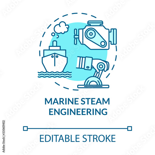 Marine steam engineering turquoise concept icon. Ship with steam powered engine. Water vessel maintenance idea thin line illustration. Vector isolated outline RGB color drawing. Editable stroke