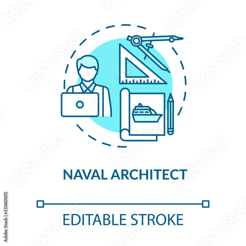 Naval architect turquoise concept icon. Professional maritime worker. Boat project. Marine engineer idea thin line illustration. Vector isolated outline RGB color drawing. Editable stroke