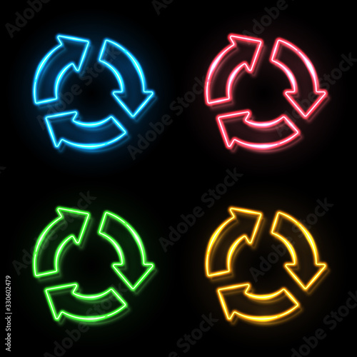 Blue red green yellow neon light color recycle symbol sign set on black background. 3 arrows in circle glowing icon. Recycling logo design. Waste reuse flyer banner. Bright ecology vector illustration