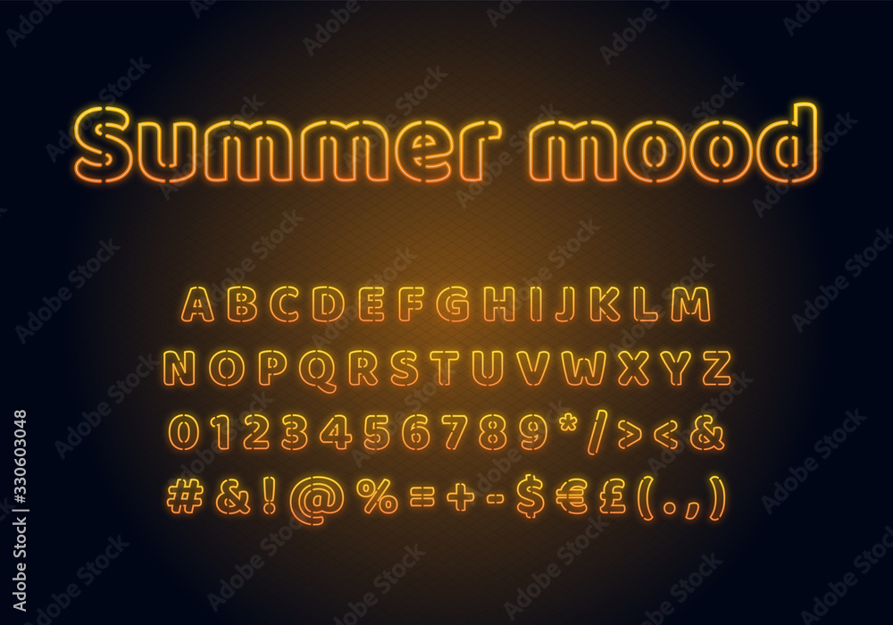 Summer mood neon light font template. Yellow illuminated vector alphabet set. Bright capital letters, numbers and symbols with outer glowing effect. Nightlife typography. Summertime typeface design