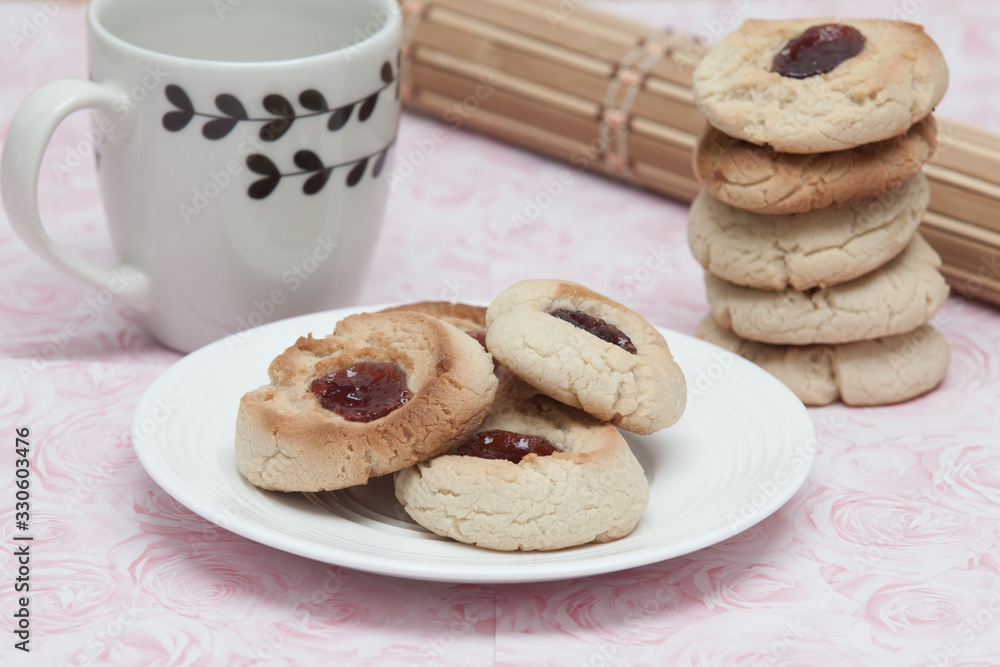 Tasty butter cookies with jam point; homemade cookies.