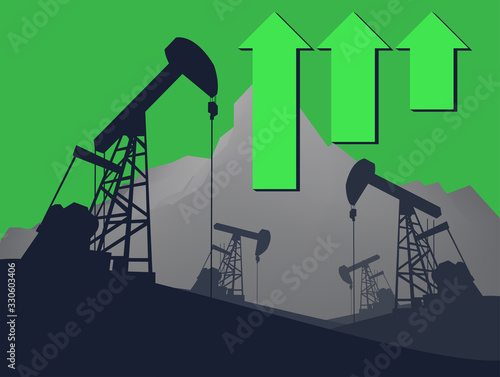 Oil pump oil rig energy industrial machine with Up arrow , Mean The increase in oil prices .