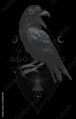 Three eyed raven, geometric figures and moons occult bird t-shirt print vector illustration.