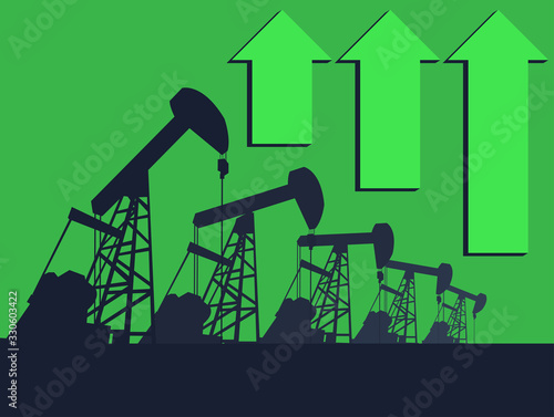 Oil pump oil rig energy industrial machine with Up arrow , Mean The increase in oil prices .