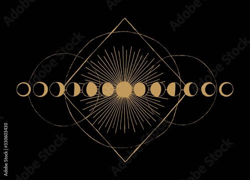 Moon phases geometric occult scheme vintage print.