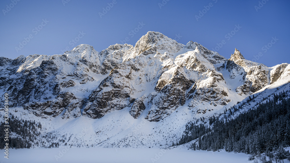 Panorama of the Tatra Mountains on Morskie Oko in winter.