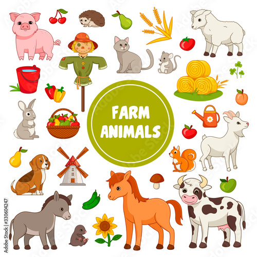 Large collection of different colorful Farm Animal icons together with a windmill, fruit, wheat, scarecrow logs, sunflower and bucket isolated on white for design elements, vector illustration