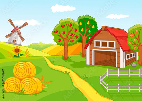 Colourful farm landscape with fruit orchard, wooden barn and windmill set in rolling green hills with receding path, vector illusration