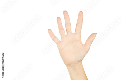caucasian female person showing open hand palm. number five. isolated on a white background. gesturing concept.