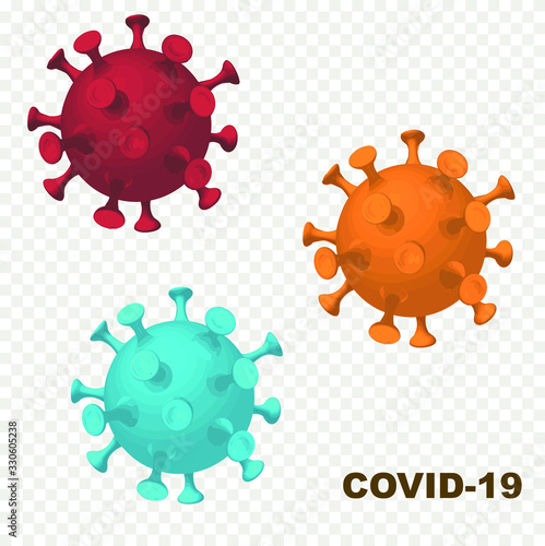 Three coronavirus COVID-19 viruses on a transparent backgroung. Novel coronavirus Covid-19 outbreak. Editable vector illustration for your design.