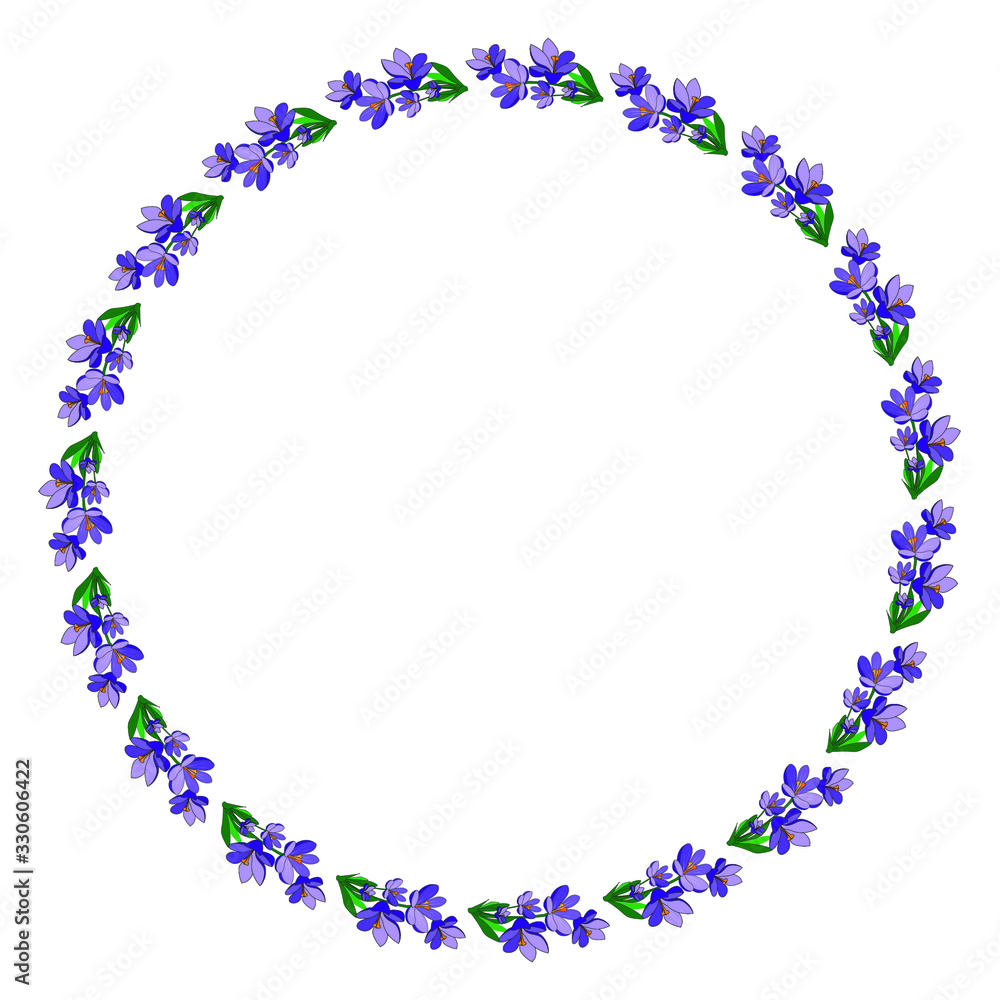 Round frame with pretty flowers crocus. Festive floral circle for your season design. Violet flowers. Vector illustration. Round frame with pretty flowers crocus. Festive floral circle for your season design. Violet flowers. Vector illustration.