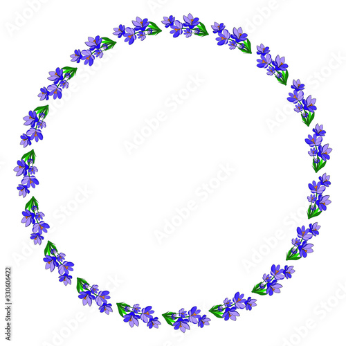 Round frame with pretty flowers crocus. Festive floral circle for your season design. Violet flowers. Vector illustration.