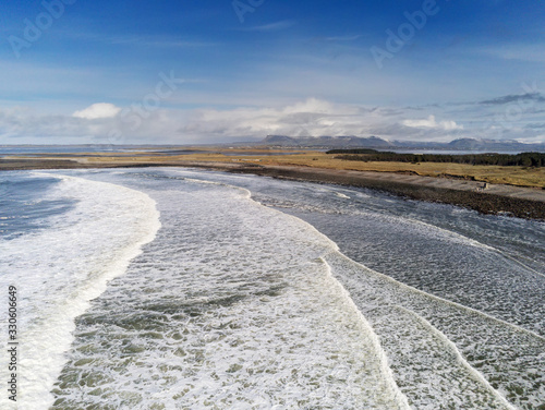 Atlantic ocean, Strandhill beach, Aerial view, Cloudy sky, sunny day, Powerful waves in the ocean, county Sligo Ireland.
