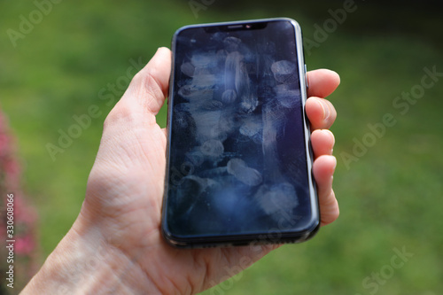 Dirty phone screen with fingerprints and germs