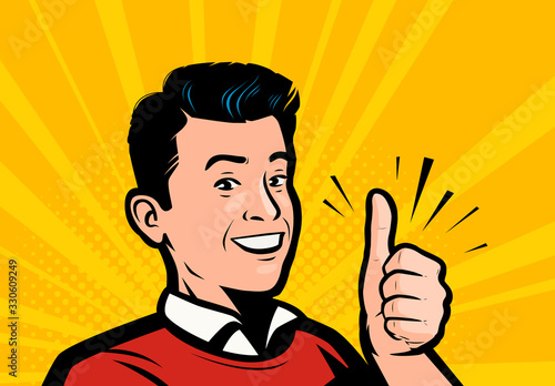 Happy man showing thumbs up. Retro comic pop art vector