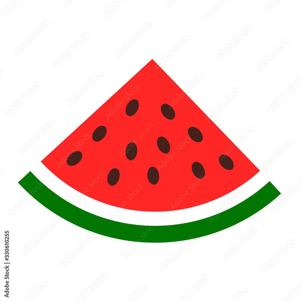 Isolated juicy and fresh red watermelon with a green crust and numerous black seeds on a white background. Halves, slices. Flat style. Vector drawing. Color icon Isolated juicy and fresh red watermelon with a green crust and numerous black seeds on a white background. Halves, slices. Flat style. Vector drawing. Color icon