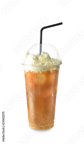 Cup of tasty iced coffee on white background