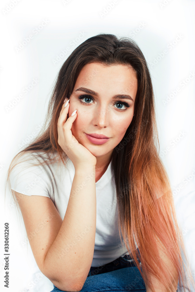 young pretty teenage hipster girl posing emotional happy smiling on white background, lifestyle people concept young pretty teenage hipster girl posing emotional happy smiling on white background, lifestyle people concept