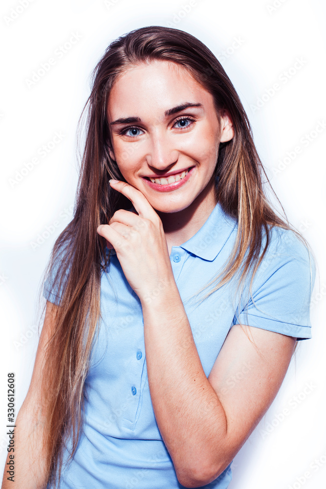 young pretty teenage hipster girl posing emotional happy smiling on white background, lifestyle people concept young pretty teenage hipster girl posing emotional happy smiling on white background, lifestyle people concept