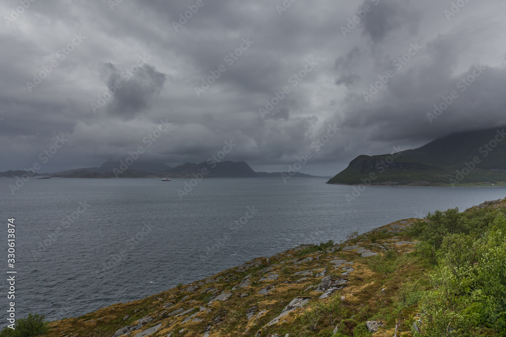 Norwegian summer landscape fjord, mountains, Norway. selective focus, Colorful morning scene in Norway.