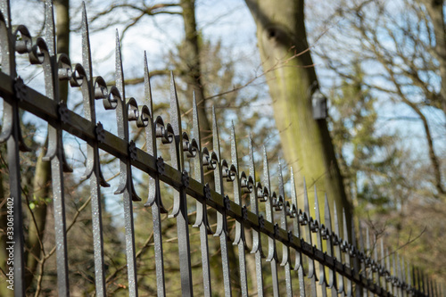 Wrought iron fence with spikes, trees in the background