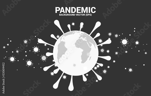 World Globe in covid 19 virus shape and particle of Corona virus background. Concept for global outbreak and pandemic.