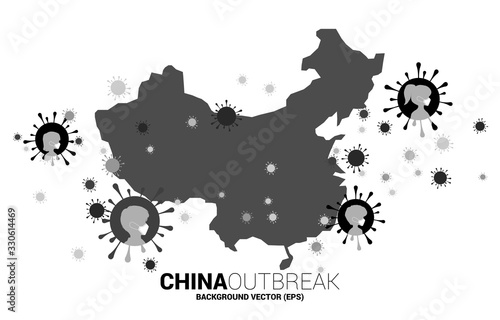 China map with covid 19 virus shape and particle of Corona virus background. Concept for china outbreak and pandemic.