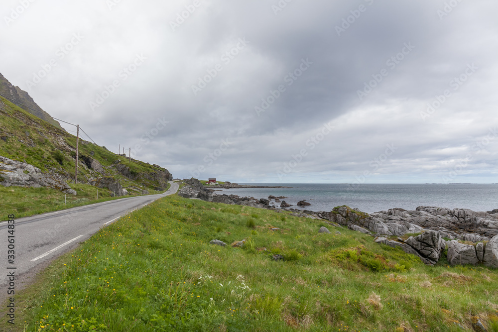Coastal road in Norway leading to Bodo. selective focus