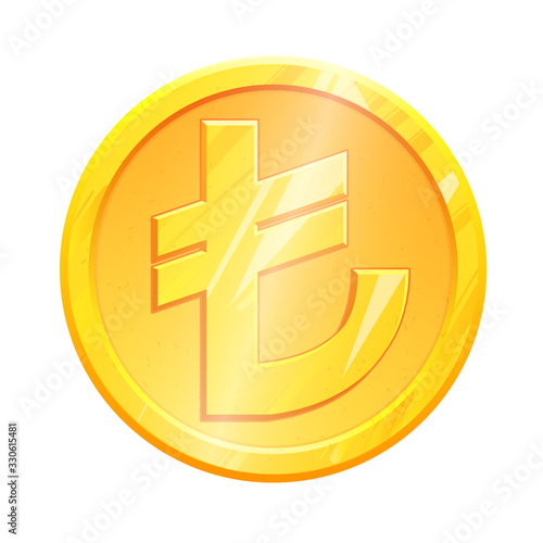 Golden lira coin, TRY symbol on white background. Finance investment concept. Exchange Turkish currency Money banking illustration. Business income earnings. Financial sign stock vector