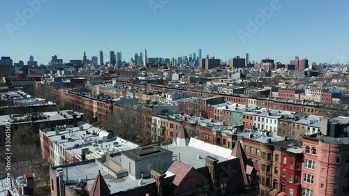 flying backward over Bed-Stuy Brooklyn revealing church photo