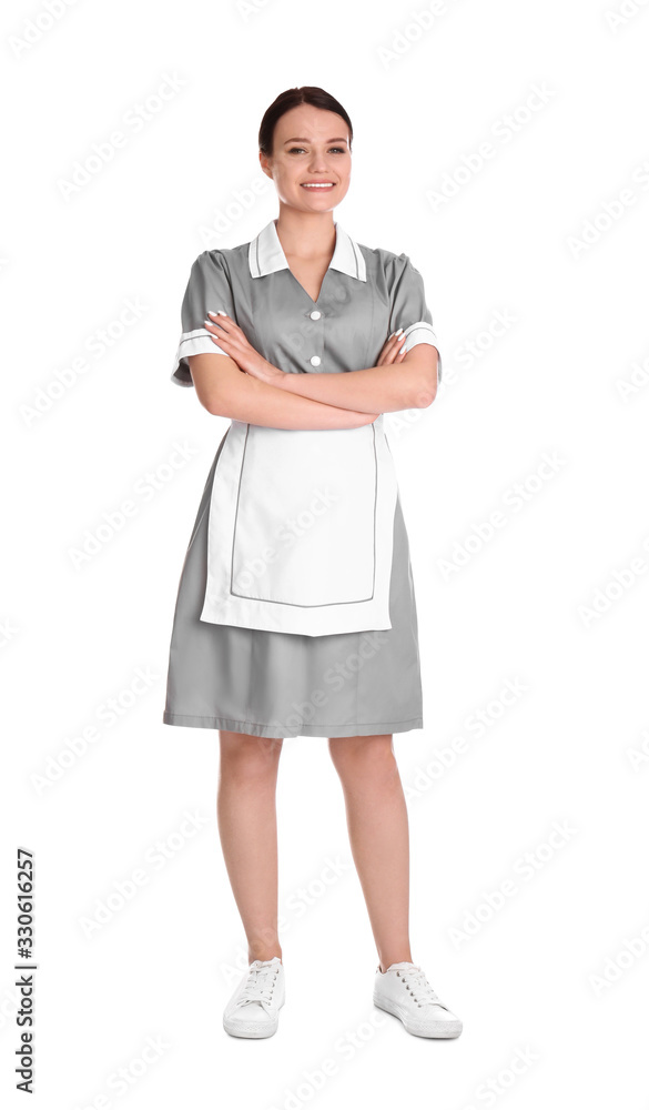 Young chambermaid in uniform on white background Young chambermaid in uniform on white background