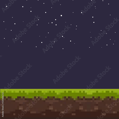 Pixel art game background. Ground, grass, sky and clouds. Pixel art. Game Design. 8 bit. 