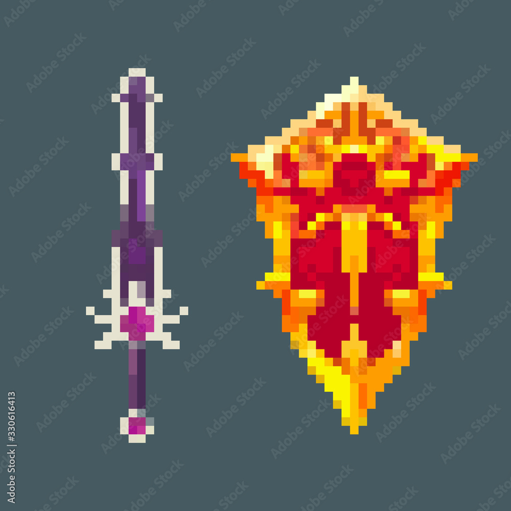 Obraz premium Pixel game icons. 8 bit. Sword and shield