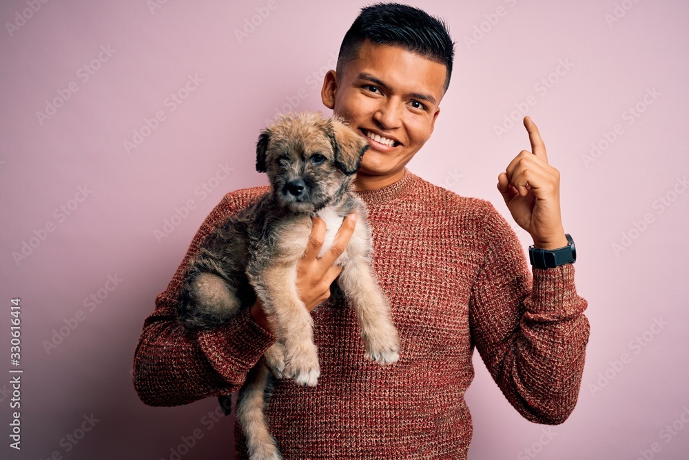 Young handsome latin man holding cute puppy pet over isolated pink background surprised with an idea or question pointing finger with happy face, number one Young handsome latin man holding cute puppy pet over isolated pink background surprised with an idea or question pointing finger with happy face, number one