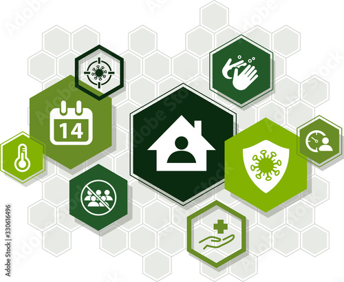 Quarantine vector illustration. Concept with connected icons related to isolation, social distancing, travel restriction during the corona virus outbreak.