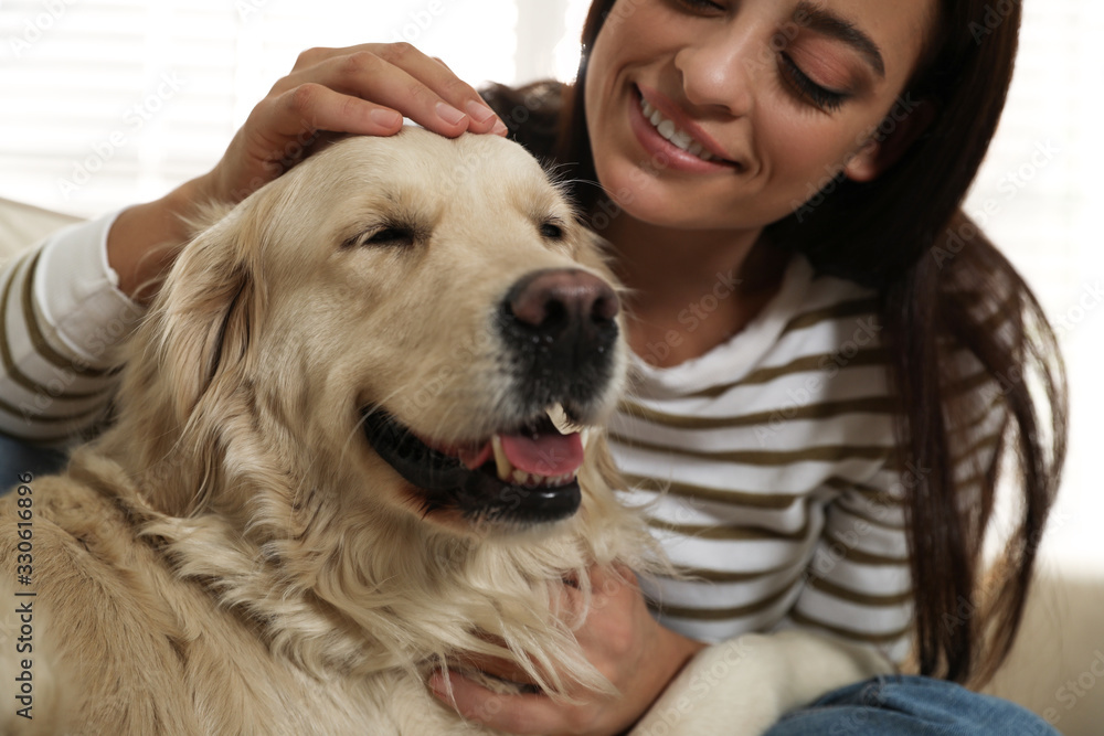 Young woman and her Golden Retriever at home. Adorable pet Young woman and her Golden Retriever at home. Adorable pet