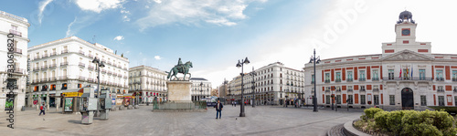 Panoramic of the "Puerta del Sol" square in Madrid with fewer people than usual due to the state of alarm and the confinement decreed because of the Coronavirus, Covid19