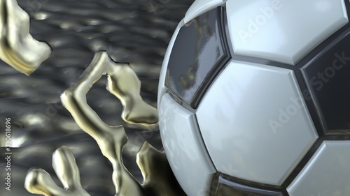 Soccer ball with spiral gold liquid splash in blue sky. 3D illustration. 3D high quality rendering.