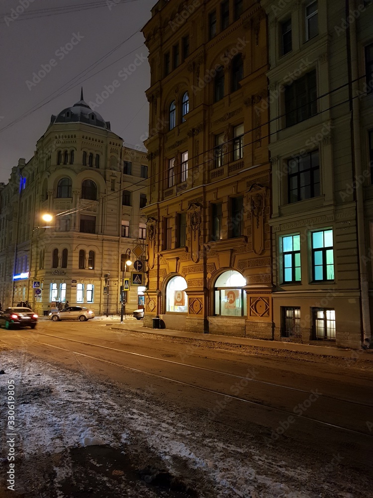 winter on street of night city