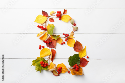 Letter B from autumn leaves on white wooden background. School and autumn alphabet. Fall mood font. Back to school. Colorful autumn ABC. Text from yellow and green leaves and Rowan berries