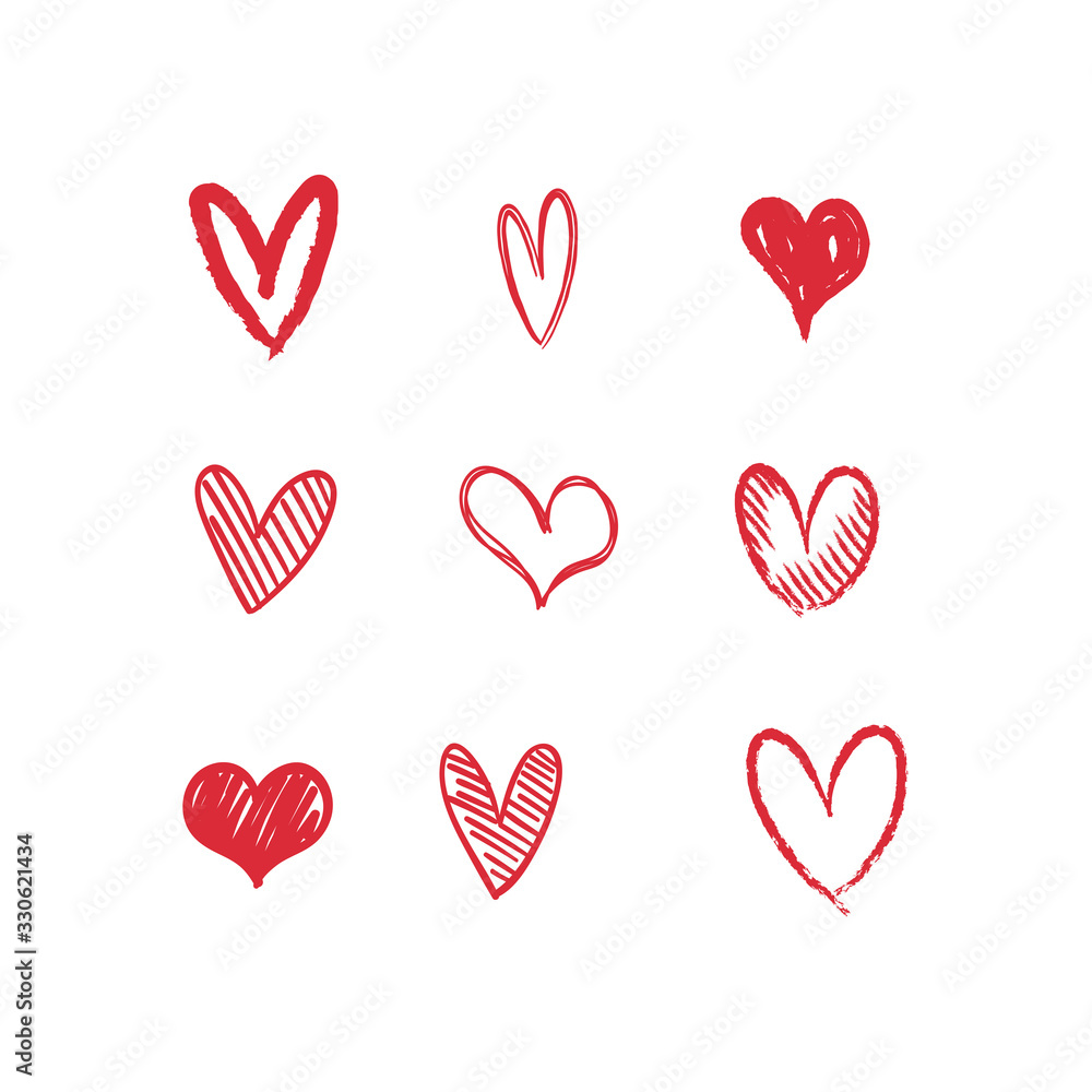 Heart doodles collection. Set of hand drawn isolated hearts. Love illustrations.