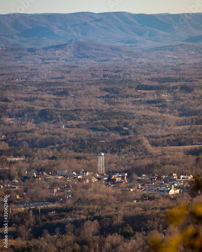 View of Town of Pilot Mountain, North Carolina from Pilot Mountain Knob at Sunrise photo