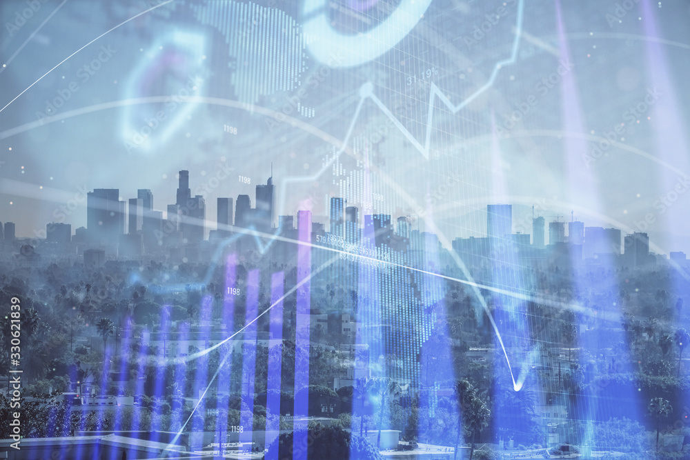 Fototapeta premium Forex chart on cityscape with skyscrapers wallpaper multi exposure. Financial research concept.