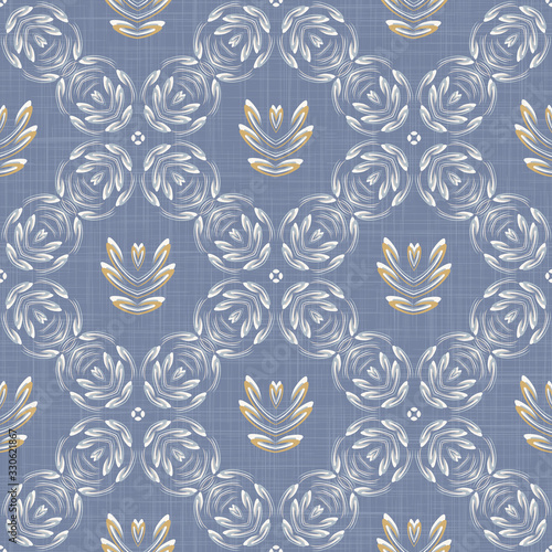 Seamless tulip pattern in french blue linen shabby chic style. Hand drawn floral damask texture. Old white blue background. Interior wallpaper home decor swatch. Ornate flourish motif all over print