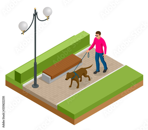 Isometric man with a dog on a leash. Man and dog walk in the park.