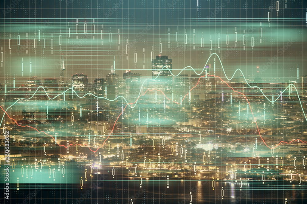 Financial graph on night city scape with tall buildings background double exposure. Analysis concept.