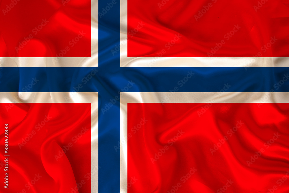 Fototapeta premium photo of the national flag of Norway on a luxurious texture of satin, silk with waves, folds and highlights, close-up, copy space, travel concept, economy and state policy, illustration