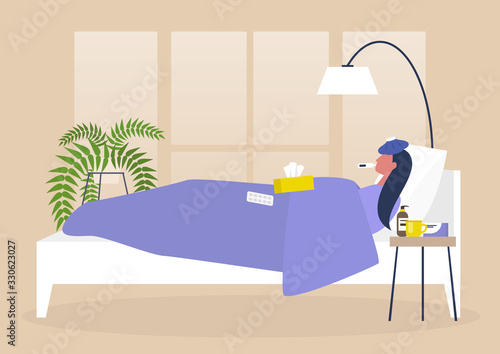 Young female sick character resting in bed, bedroom interior, quarantine, medical treatment