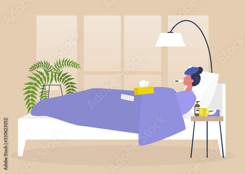 Young female sick character resting in bed, bedroom interior, quarantine, medical treatment